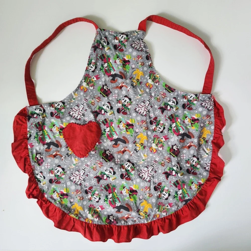 Disney Parks Christmas Holiday Apron Mickey Minnie Castle Ruffle Heart Pocket OS